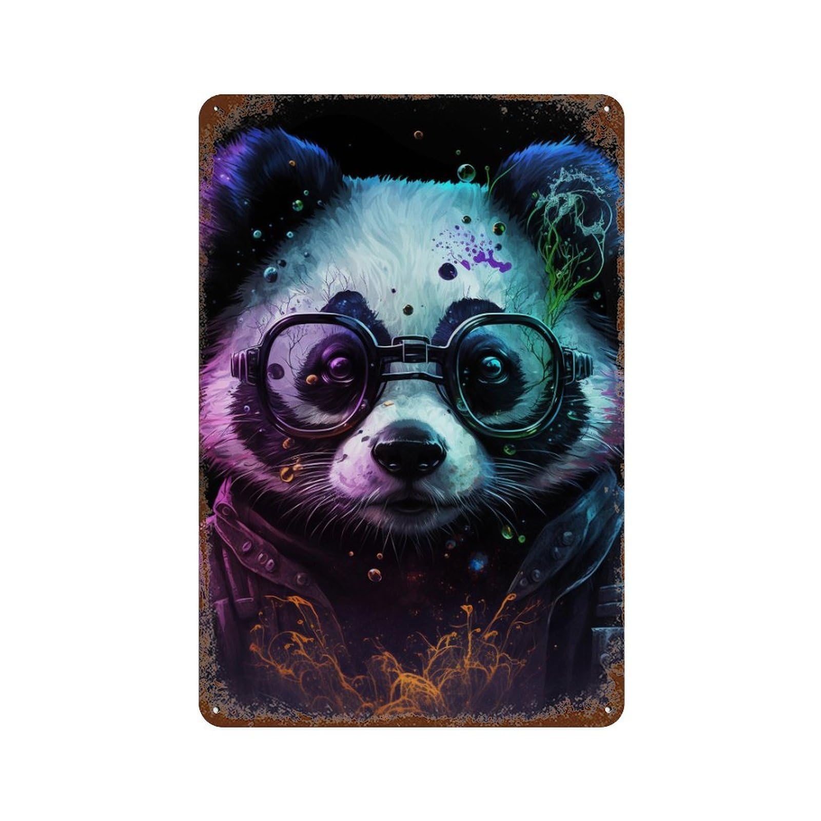 Garage Style Panda with Glasses Art Print Rust Effect Tin Sign 11.8"x7.9", Shabby Chic Decor for Bar And Workshop