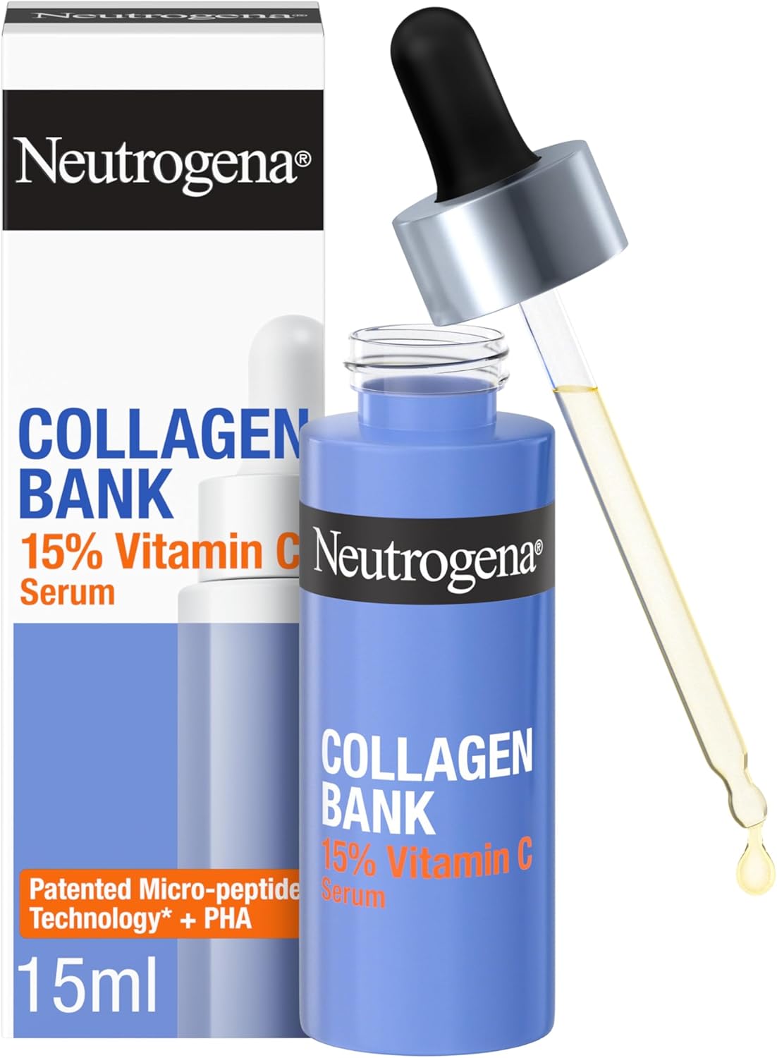 Neutrogena Collagen Bank Vitamin C Serum 15ml with 15% Pure Vitamin C and 2% PHA to help Preserve Collagen and Improve Skin Tone
