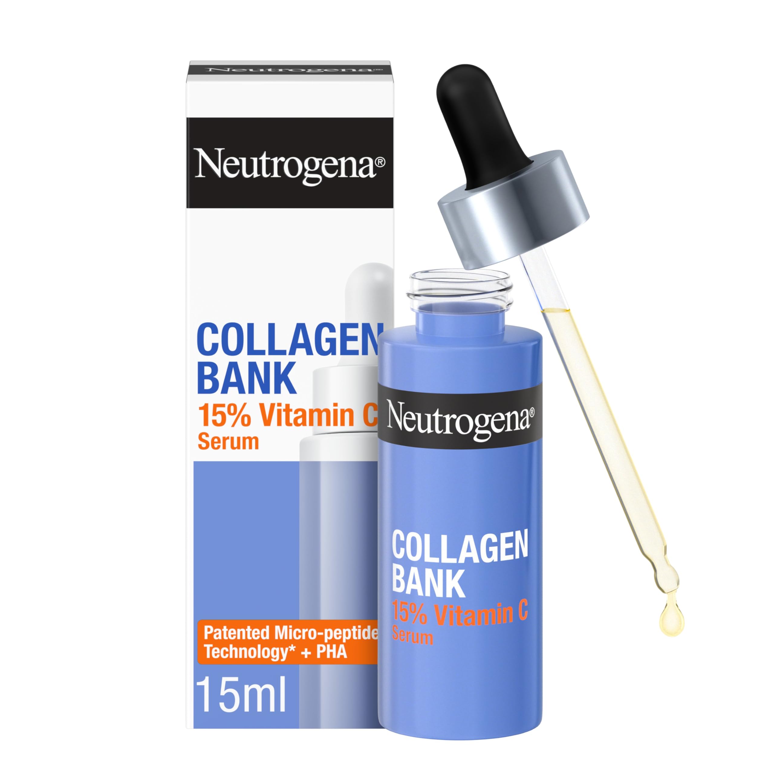Neutrogena Collagen Bank Vitamin C Serum 15ml with 15% Pure Vitamin C and 2% PHA to help Preserve Collagen and Improve Skin Tone