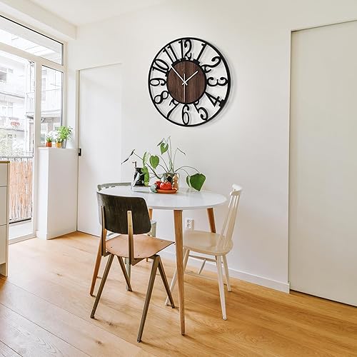 Miniatura 6 de 1st owned Reloj de pared para sala de estar, silencioso sin tictac, funciona con pilas, metal negro, relojes de madera antigua para granja, comedor,