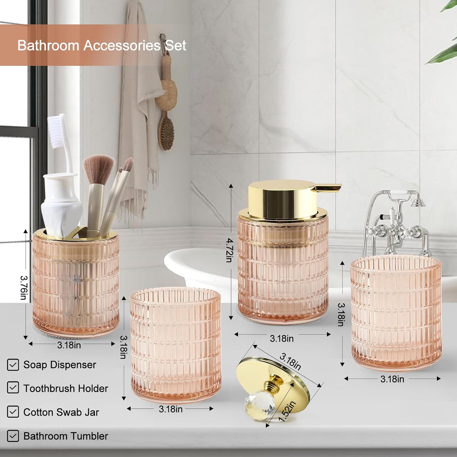 DASITON Bathroom Accessories Set,4Pcs Glass Bathroom Counter Set with Foaming Soap Dispenser,Toothbrush Holder,Bathroom Tumbler,Cotton Swab Jars, for Vanity Bathroom Decor(Pink B)
