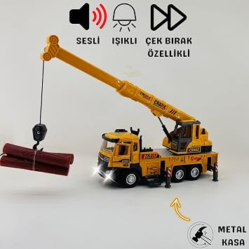 Giffy/Oyuncak İş Makinesi Sesli Işıklı Çek Bırak Vinç, Kule Vinç ve Kepçe 30 Cm Aksesuarlı Kapıları Açılan (Vinç)