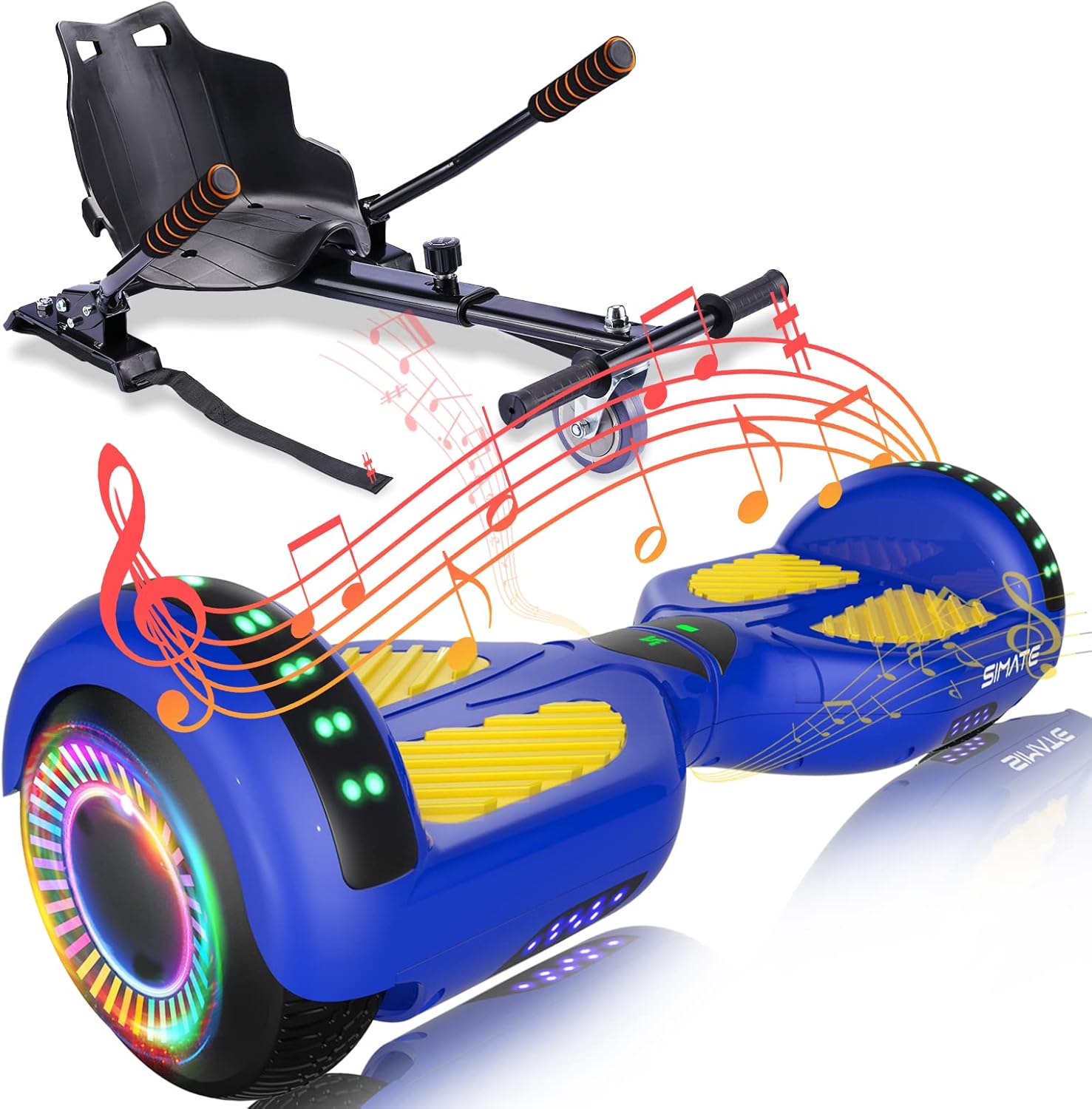 SIMATE Scooter with Seat Attachment Combo, 6.5" Self Balancing Board with Bluetooth Speakers and LED Lights for Kids Adults Girls Boys(Include Go-Kart)
