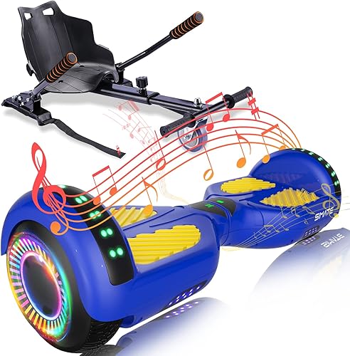 SIMATE Scooter con accesorio de asiento, tablero de equilibrio automático de 6.5 pulgadas con altavoces Bluetooth y luces LED para niños, adultos
