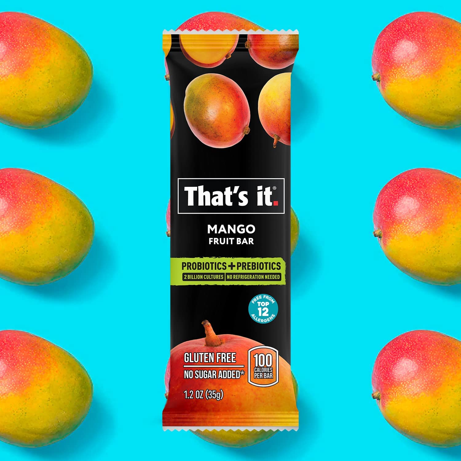 That's it. Probiotic Fruit Bar Variety Pack, Mango & Blueberry Flavors, Just Real Fruit + Probiotics, 100 Calories Per Bar, All Natural, 2-3 Ingredients, Shelf Stable, Allergy-Friendly (12 Count): Mango