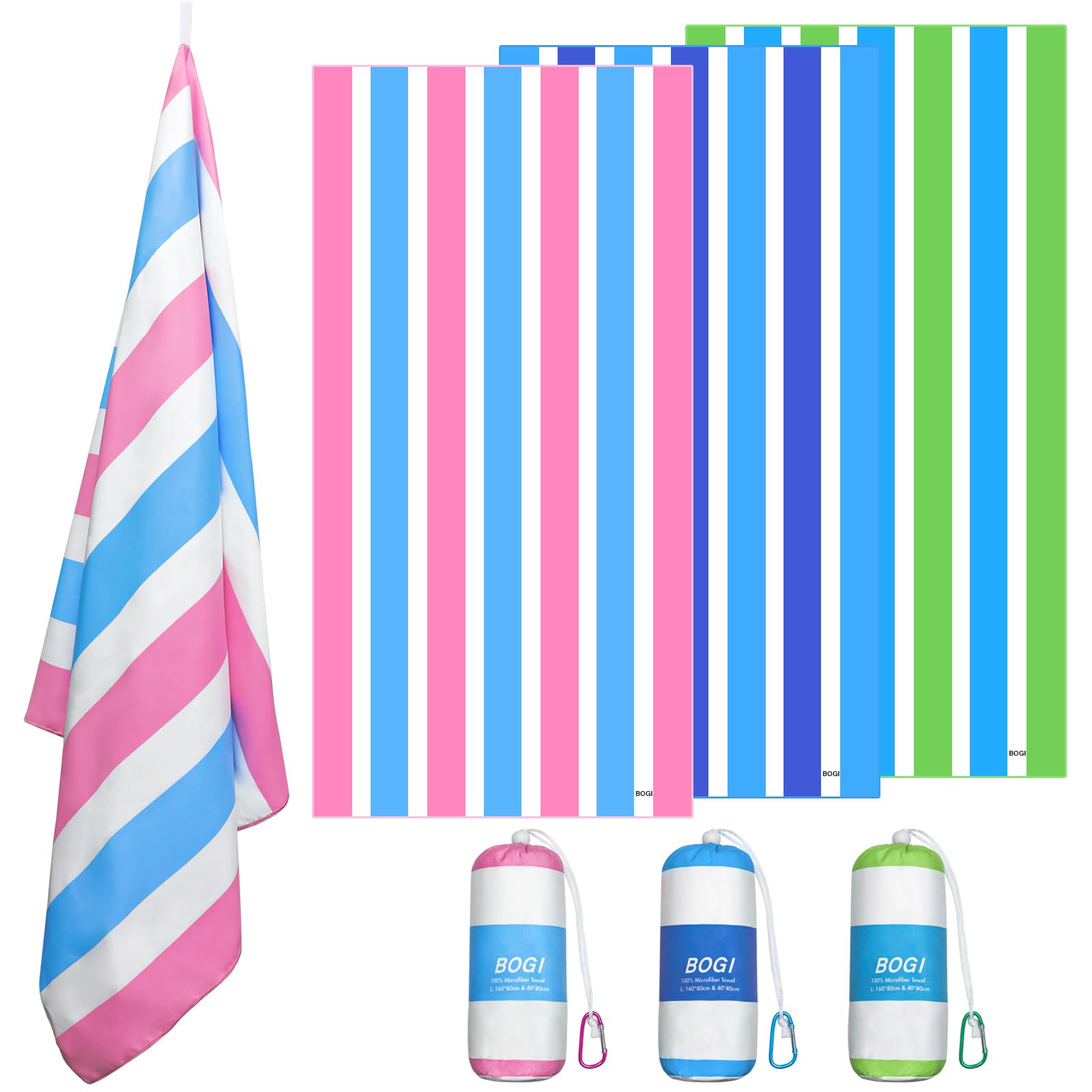 BOGI Microfiber Large Beach Towel for Adult,Quick Dry Lightweight Beach Towel- Recycled,Sand Proof & Compact Absorbent for Travel Bath Swim Yoga (L:165cm*80cm+40cm*40cm-Pink blue) โ image 1
