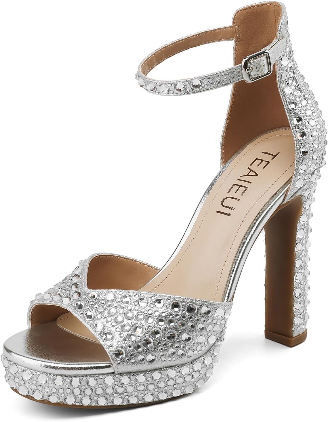 TEAIEUI Pearl Rhinestone Heels Platform Block Sandals for Women Wedding Sandals for Bride Chunky Heels Bridal Shoes with Ankle Strap