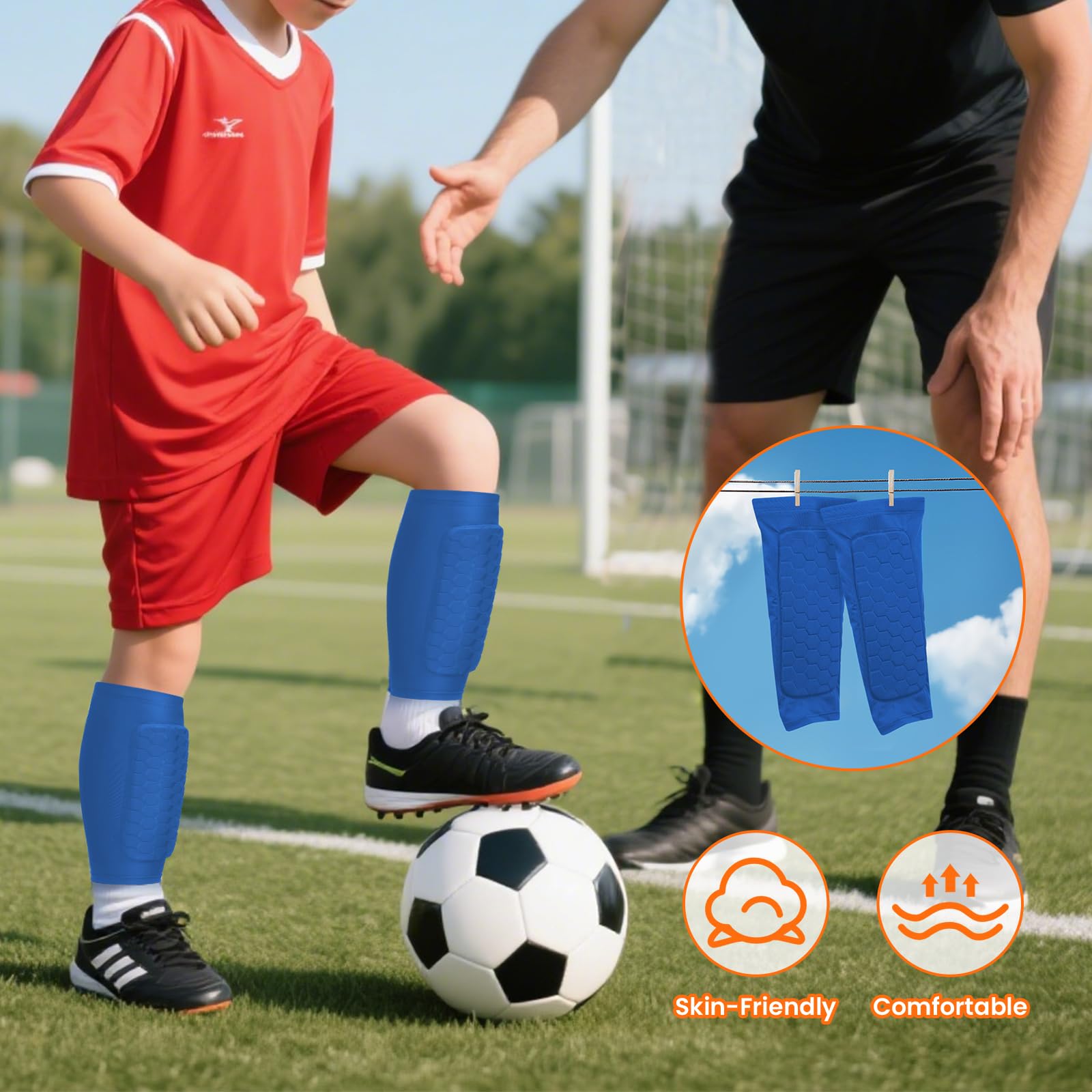 2 Paio di Parastinchi Calcio Bambino, Con Imbottitura Lunga a Nido D'ape, Manica Protettiva per Polpacci, Traspiranti e Non Slip, Parastinchi Calcio Professionali Antiurto