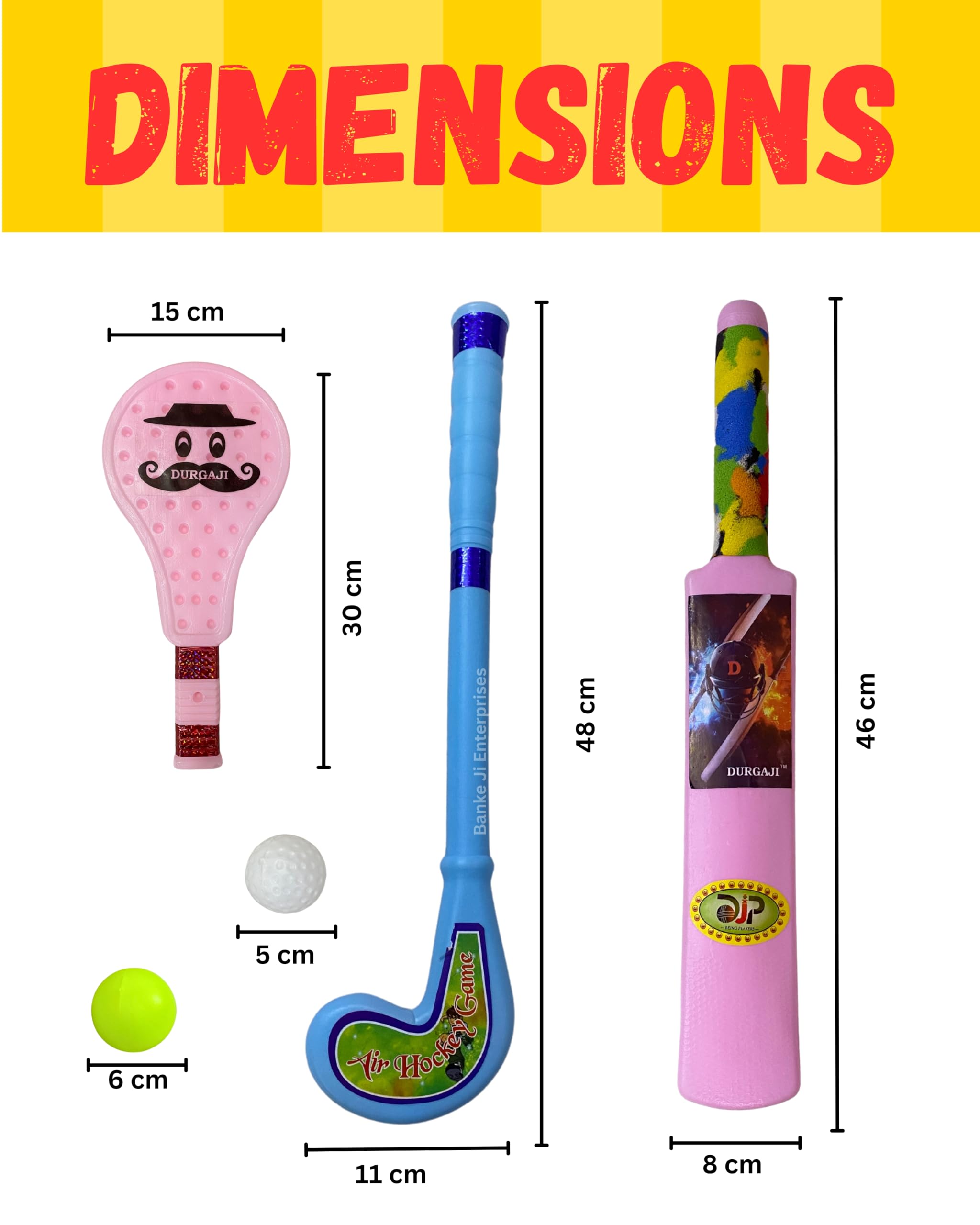 Banke Ji 3 in 1 Sports Combo - Cricket Bat, Hockey Stick, Tennis Racquet with Balls (Pink Cricket Bat, Blue Hockey Stick & Pink Racket)