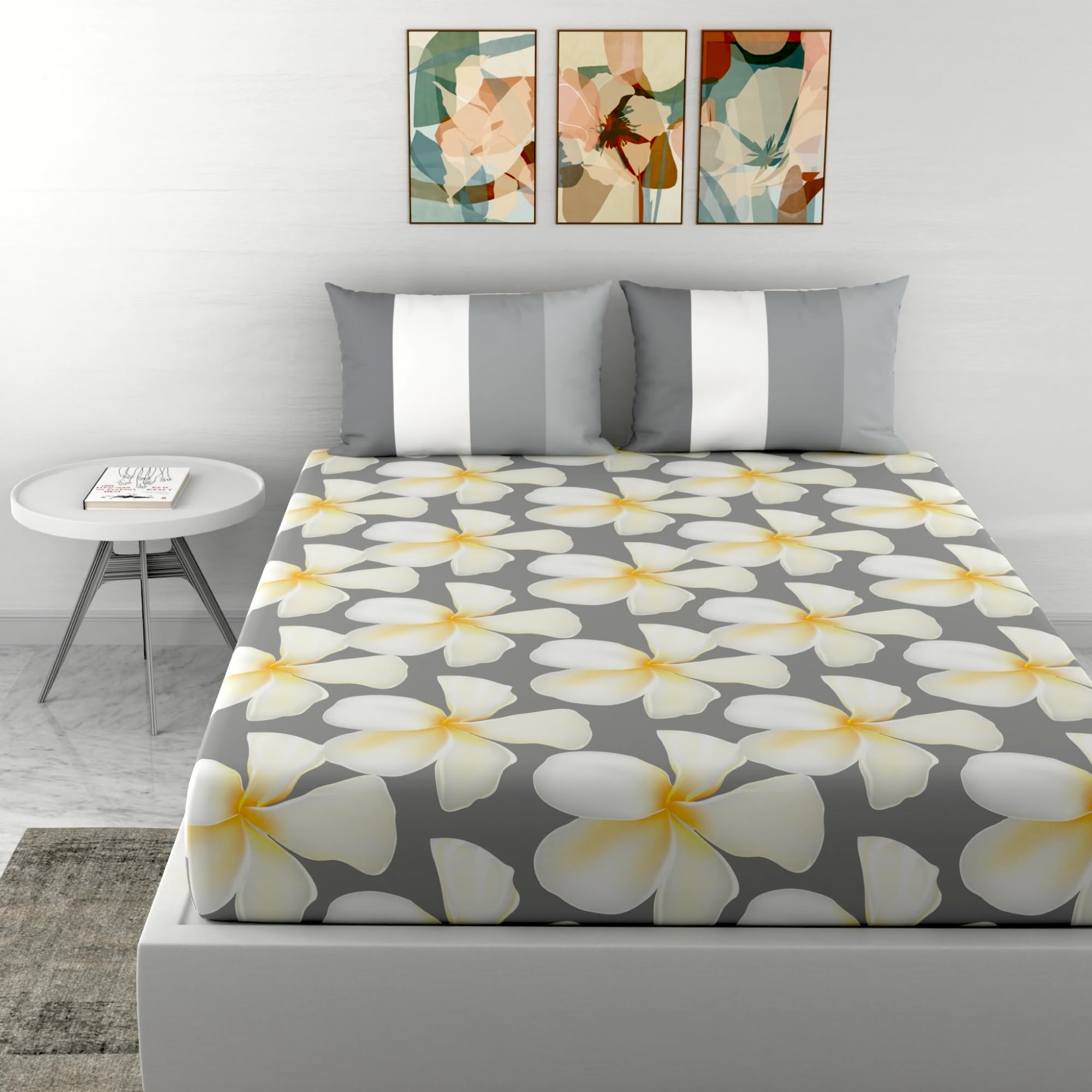 100% Cotton Bedsheet for Double Bed, 1 Double Bedsheet with 2 Pillow Covers | 144 TC Queen Size Double Bedsheet Cotton, Floral (White & Grey)-image-45