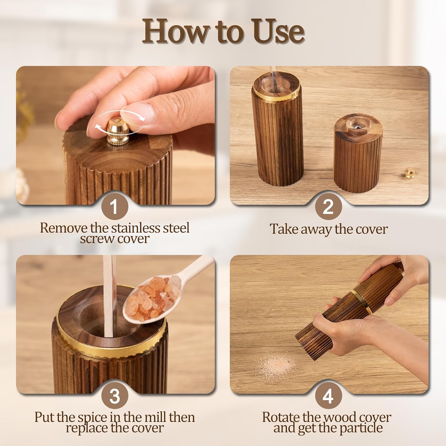 Saicefe 2 Pack Acacia Wooden Salt and Pepper Grinder Set – Refillable Manual Salt and Pepper Mills with Adjustable Ceramic Core, Gold Stainless Steel Decor Kitchen Home Gift for Birthday Christmas