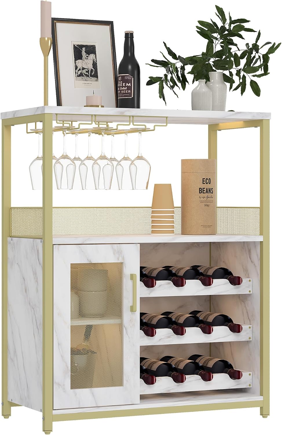 Wine Bar Cabinet, Industrial Buffet, Bottle Holder, Removable Wine Glass Holder, Storage Furniture, Wire Mesh Door, Ideal for Living Room, Kitchen, Dining Room, 60 x 35 x 92 cm, Gold