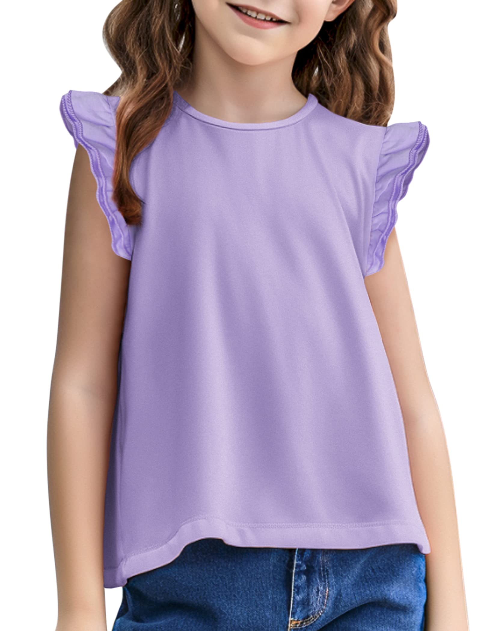Arshiner Niña T-Shirt Mangas con Volantes Niños Verano Inactivo Color Sólido Camiseta Elegante Moda Manga Corta Cuello Redondo Shirt para Niña 3-13 Años