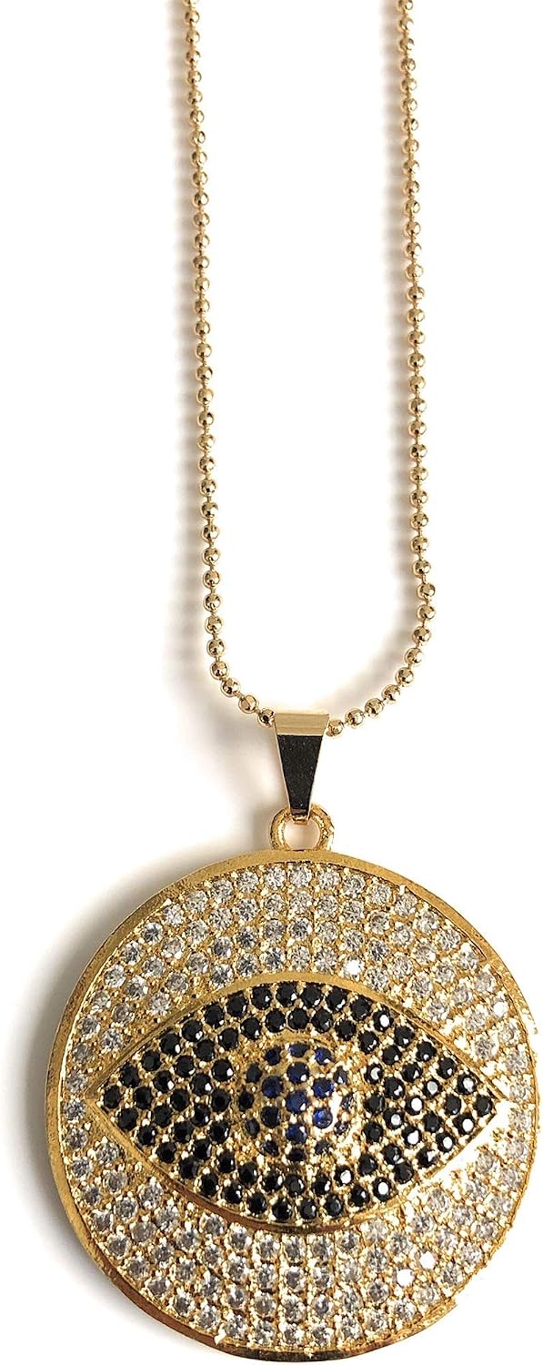 SIFRIMANIA Big Evil Eye for Women Round Disc 1.1 Inch Diameter Pendant Necklace 17.2 Inches Chain
