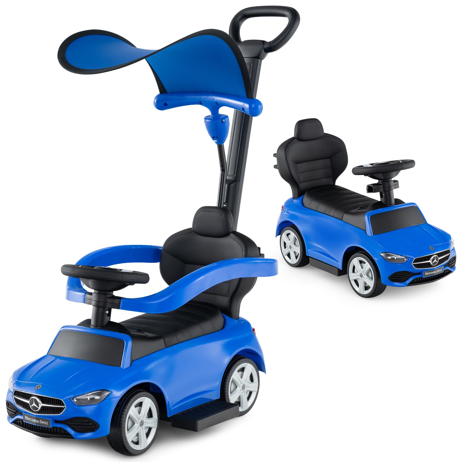 GYMAX 3 in 1 Kids Ride on Push Car, Mercedes-Benz Licensed Push Along Car with Handle, Guardrails, Adjustable Canopy, Horn & Sound, Underneath Storage, Toddler Sliding Toy for 18-36 Months Old (Blue) โ image 1