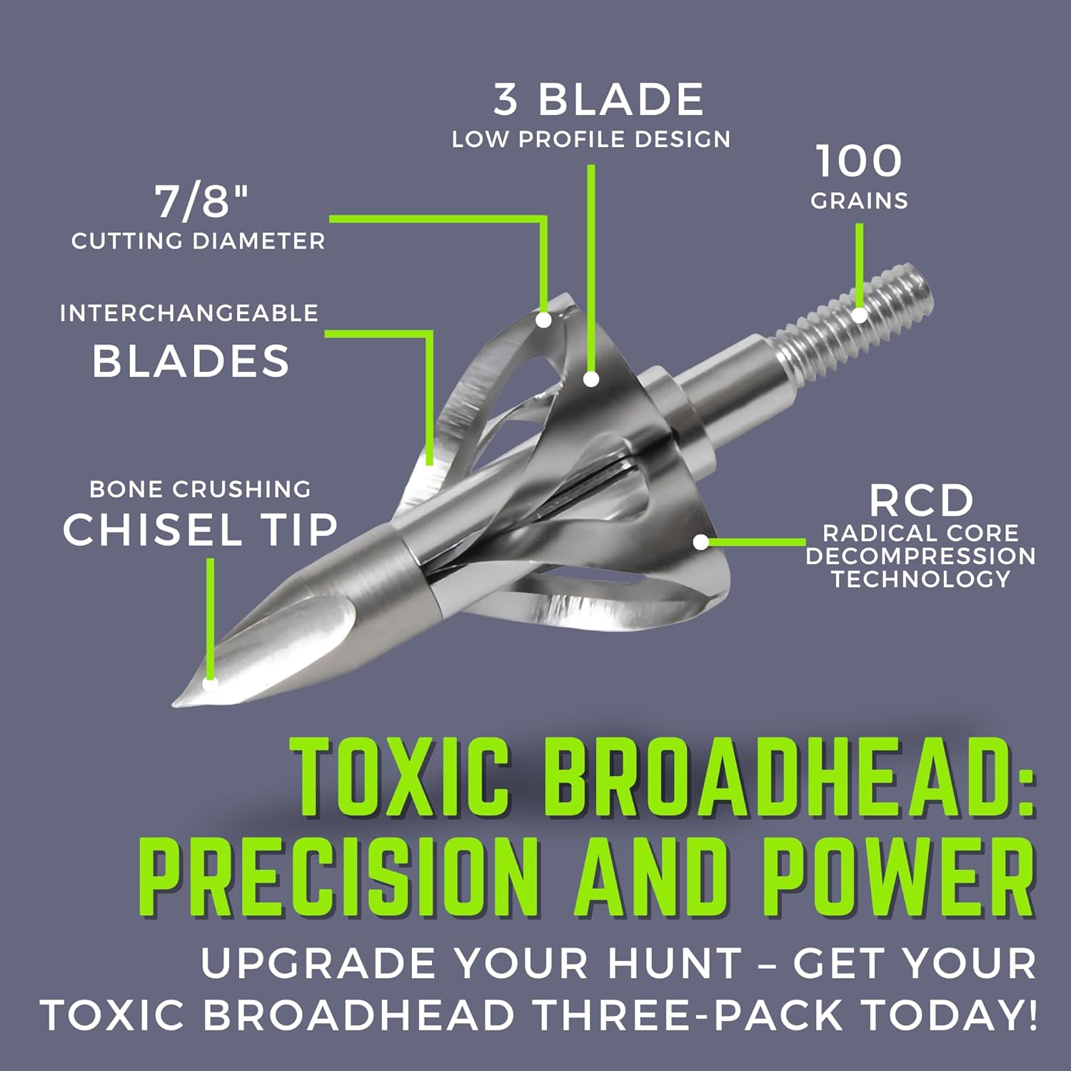 Flying Arrow Toxic Broadheads 100 Grain | 7/8” Cutting Diameter | Black Crossbow Broadheads 100 Grain OR Silver Compound Bow Broadheads 100 Grain | Coring Style Head | Chisel Tip | 3 Pack
