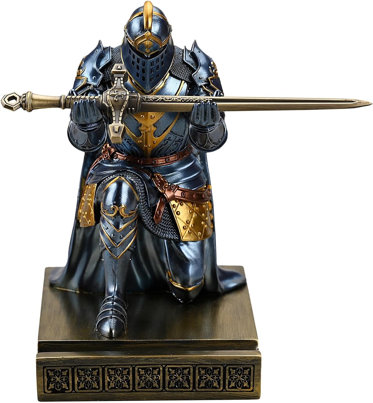 King's Guard Leader Cloak Warrior Knight Pen Holder Mobile Phone Stand, Ornament Knight Statue, Pen Stand Paperweight for Office and Home (Blue)