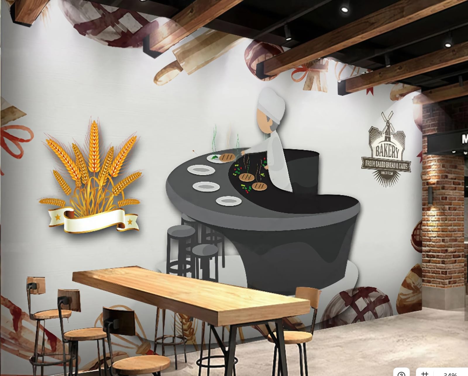 XDOUBAO Wallpaper Retro Gourmet Baking Bakery Chef Breakfast Theme Afternoon Tea Western Restaurant Background Wall Wallpaper Coffee Shop Mural,3D,150x105cm