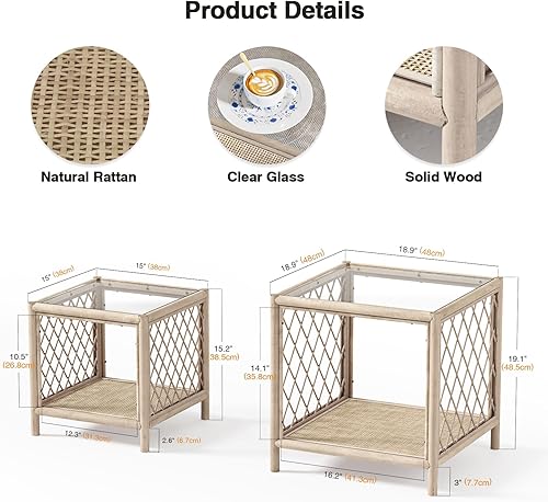 Miniatura 3 de Anmytek Farmhouse T0013 - Mesa auxiliar anidable con tapa de vidrio y estante de ratán, juego de 2 mesas auxiliares de ratán, mesa auxiliar pequeña