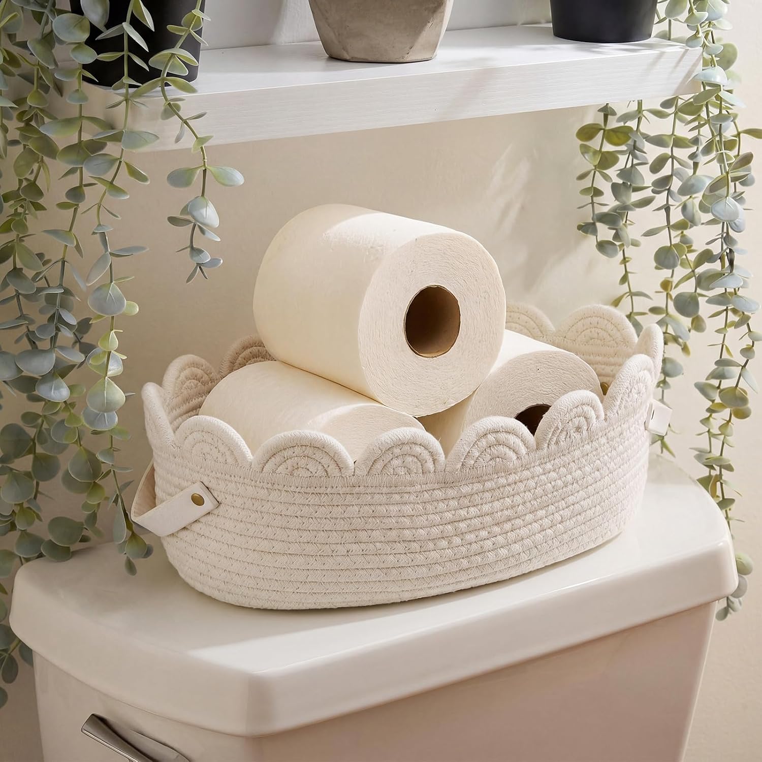 13 Inch Toilet Paper Basket Boho Cotton Rope Bathroom Storage Organizer with Handle, Bathroom Decor Accessories for Bedroom Nursery Toys Organizing(Pink)
