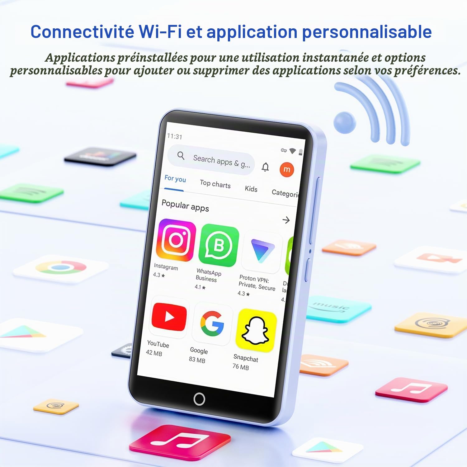 Lecteur MP3 80Go avec WiFi et Bluetooth, Lecteur MP4 4.02 Pouces Touchscreen avec Haut-parleurs, MP3 Player avec Caméra 13MP, Lecteur mp3 Android avec Spotify, Deezer, Audible, Amazon Music