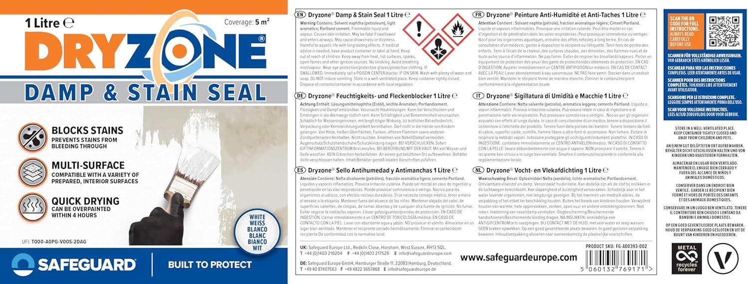 Dryzone Feuchtigkeits und Flecken Blocker - Isolierweiß (500 ml) - Fleckenblocker, Isoliergrund, hochdeckende Wandfarbe für Zement, Stein, Mörtel