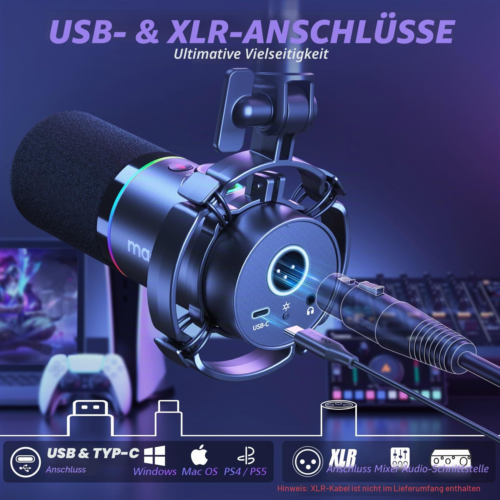 MAONO XLR/USB Dynamisches Mikrofon Set, RGB Podcast Mikrofon mit Arm, Software, Stummschalttaste, Gain-Regler, für PC Gaming, Streaming, Aufnahme, PS4/5 Mac Mixer usw PD200XS Schwarz