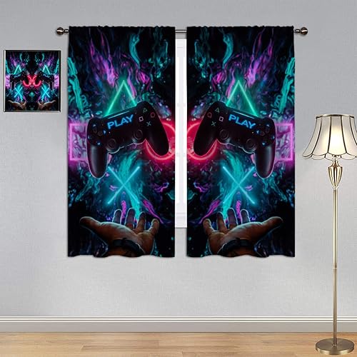 GY Gamepad Gamer Curtains, Decorative Curtain Video Games Controller Window Curtain Fabric Thermal Insulated Printed Curtain 42x45 Inch