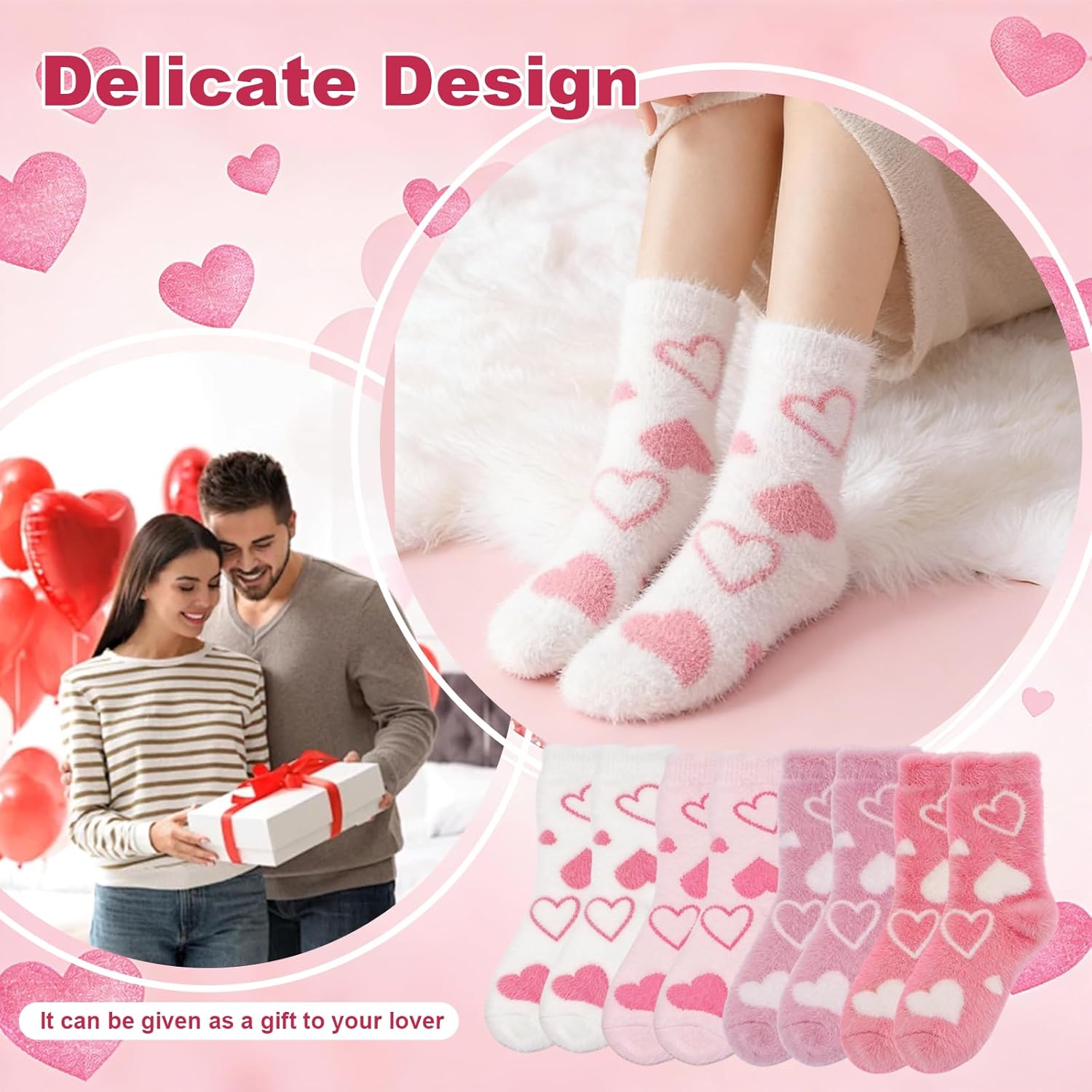 Valentine’s Day Womens Fuzzy Socks Slipper Soft Stretchy Sock Warm Fluffy Cozy Winter Socks Heart Design for Women - Image 4