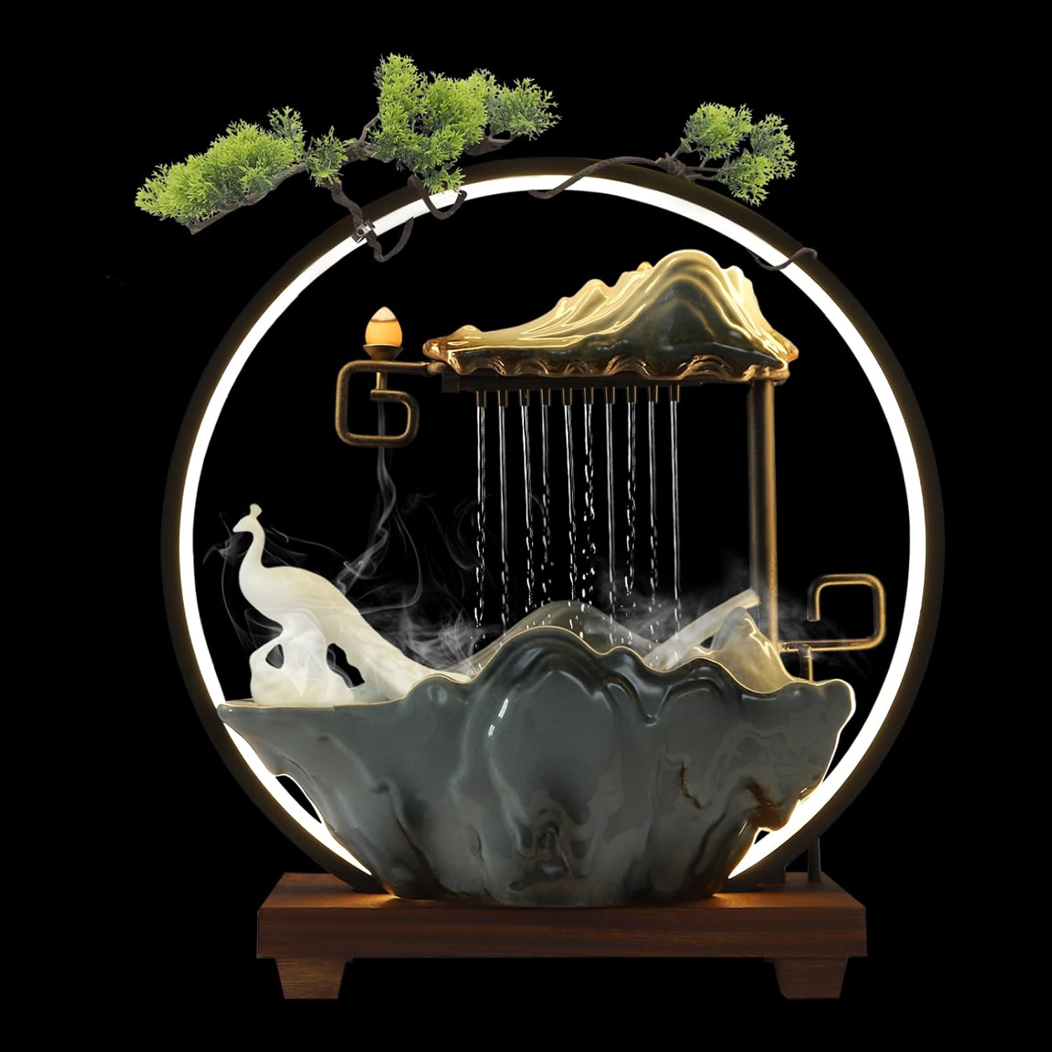 Antique Desktop Water Fountain with LED Light Ring and Atomizer,Indoor Fountain with Wood Base for Relaxation,13.8x5.5x15 Inches, Tabletop Waterfall for Home Office Decoration