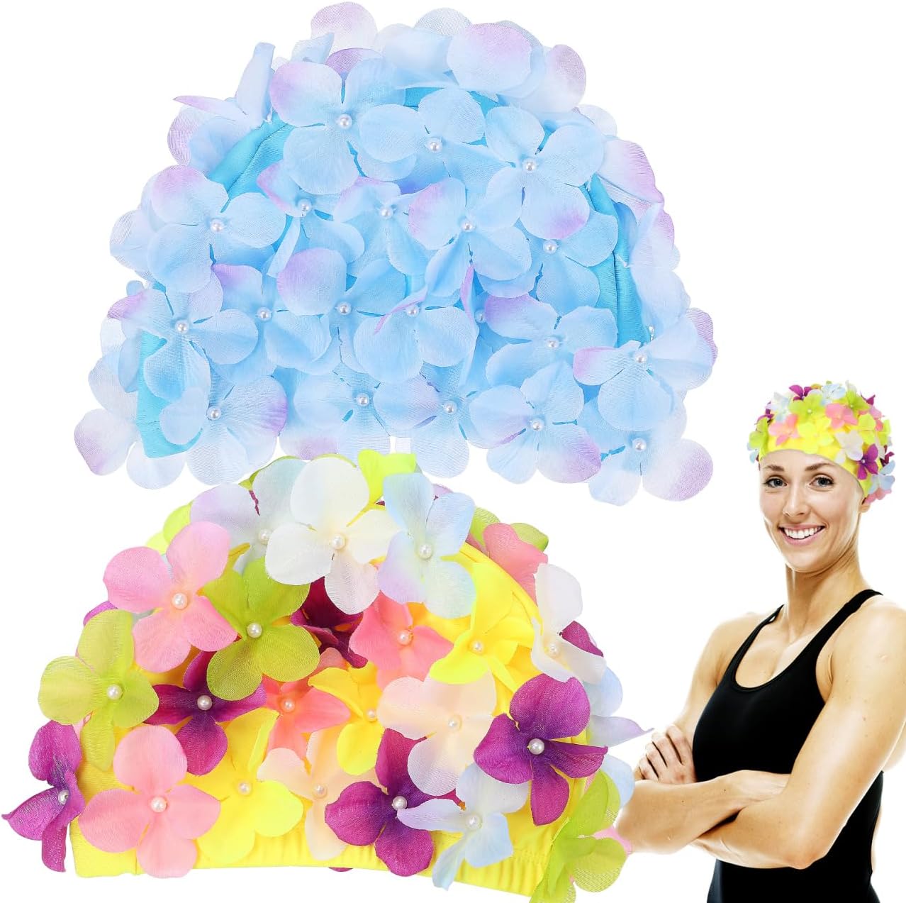 Homoyoyo 2 Pcs Vintage Floral Swim Caps for Women - Retro Style Bathing Caps for Swimming & Hair Protection