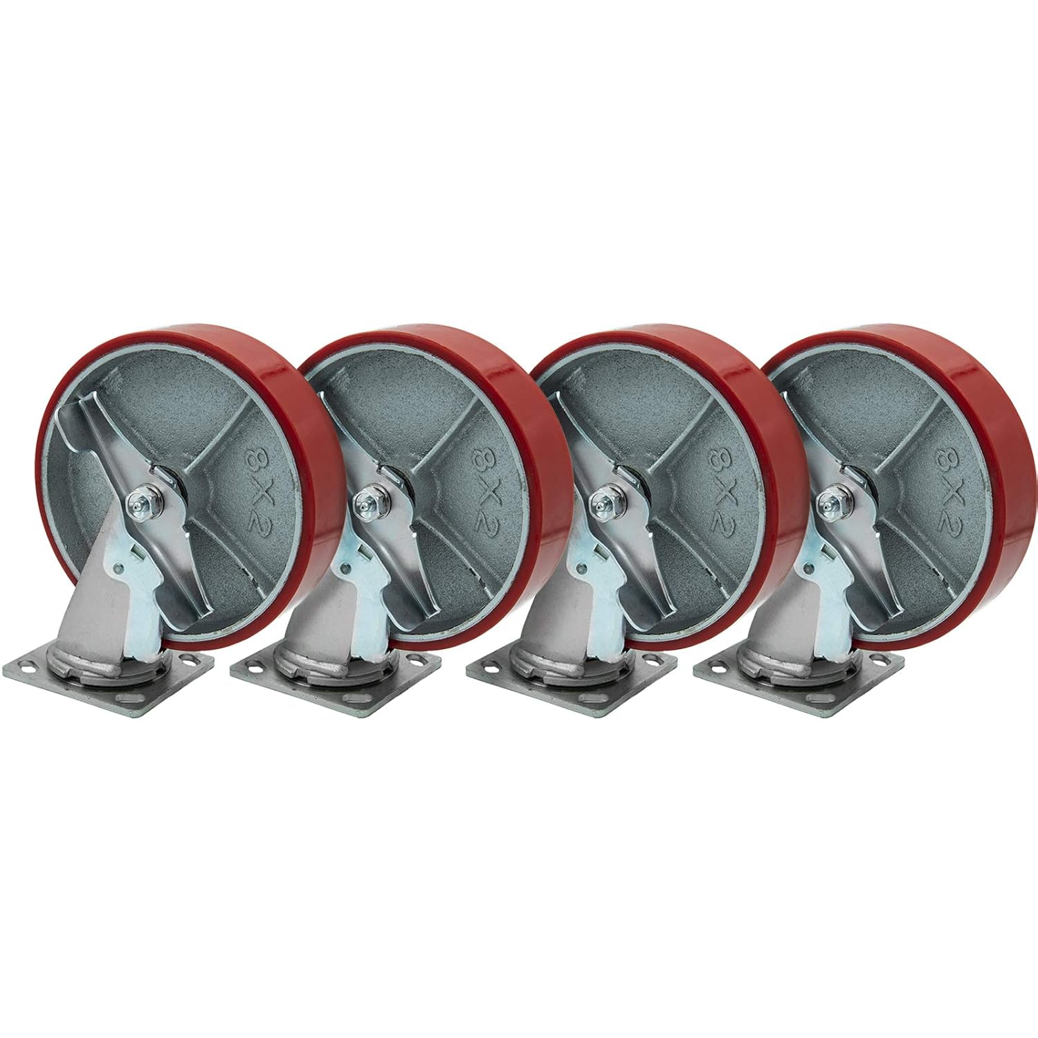 8"x2" Swivel Caster Heavy Duty Polyurethane Wheel Steel Hub with Brake, Supports 1,250 lbs Each(4), Perfect for Carts, Dollies, Racks, Industrial Equipment, DIY Projects