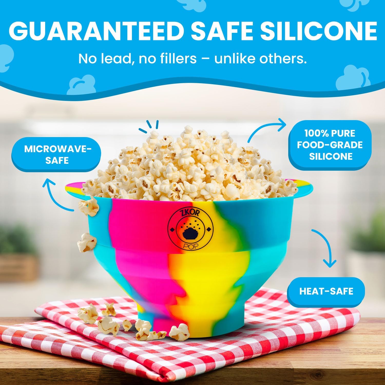 Microwavable Silicone Popcorn Popper- Collapsible Bowl-Microwave Popcorn Maker- Reusable - Air Popped Popcorn No Oil- BPA Free- 100% Food grade Silicone- Dishwasher Safe- ZKOR Rainbow image 3