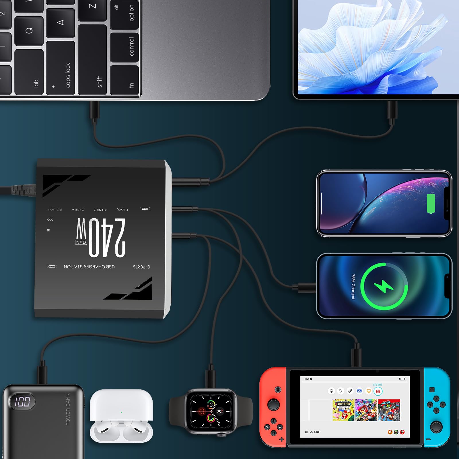 Chargeur USB C Multiple 240 W, Chargeur Rapide PD 140 W 65 W, Station de Recharge 6 Ports Chargeur GaN-III avec 4 Ports USB-C + 2 Ports USB-A pour MacBook iPad Pro/Air, iPhone 16 15 Pro Max, Samsung,