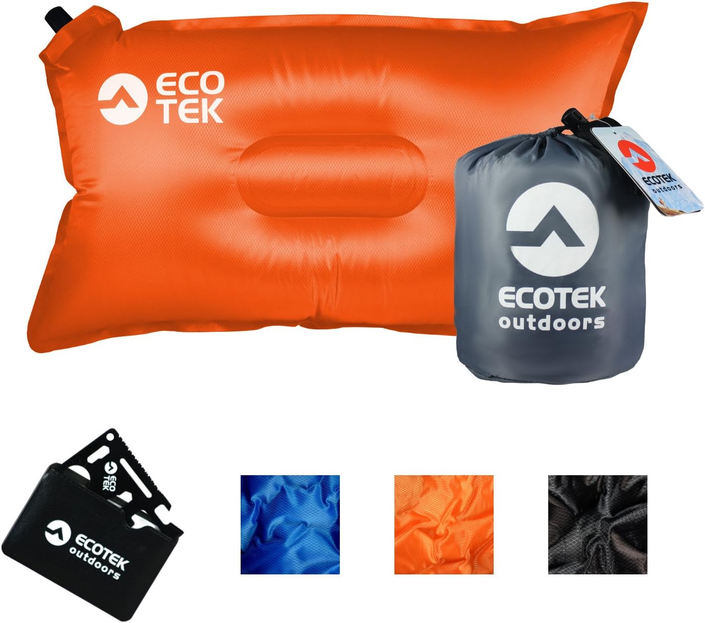 EcoTek Outdoors Compact Inflatable Camp Travel Pillow + Bonus 11-in-1 Wallet Multitool Survival Card [Orange]