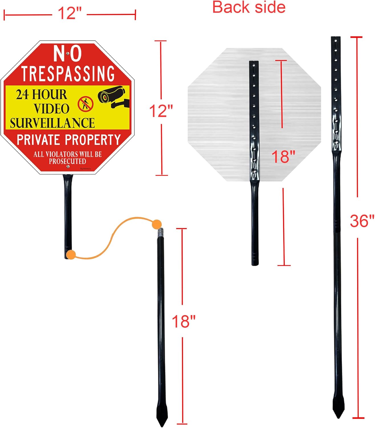 Amexiu No Trespassing Signs with 36" Metal Stakes, 12x12 Inch Private Property Video Surveillance Warning Signs, Aluminum, Red and Yellow, 2 Pack