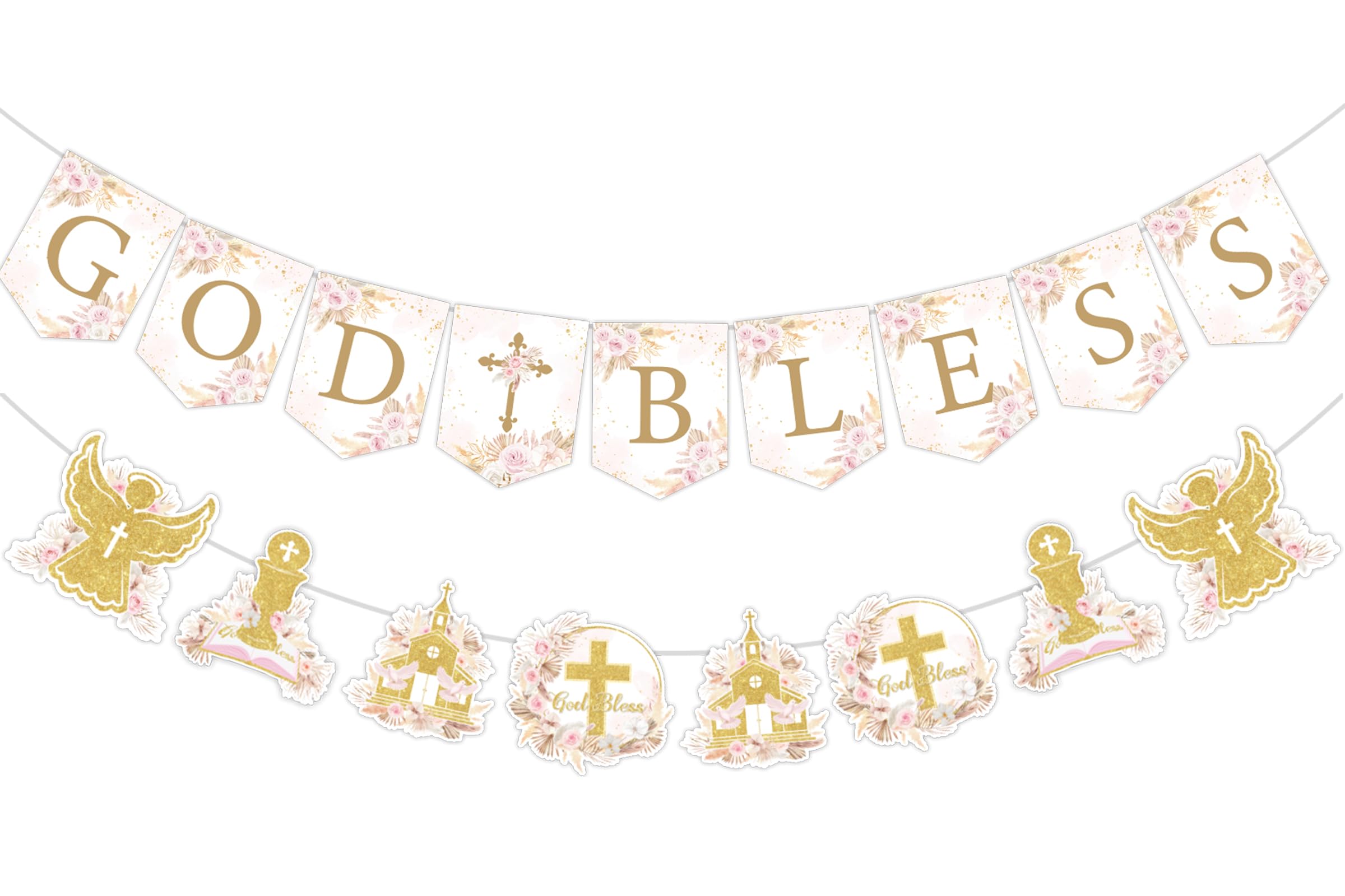 Guirlande baptême bohème herbe de la pampa et banderole God Bless pour communion fille