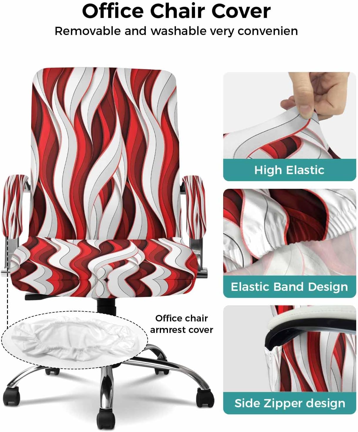 Savannan Medium Office Chair Cover with Arm Covers Abstract Wave Pattern Gradient Burgundy Red Stretchable Desk Computer Chair Slipcover with Zipper Removable Universal Rotating Chair Protector