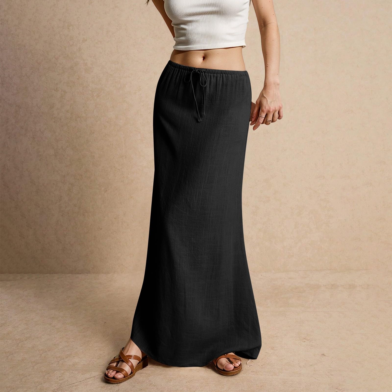 Générique Jupe Longue Femme Été Bohème Coton Lin Plage Vacances Jupes Ankle Maxi Taille Haute Elastique Robe Longue Mi-Corps