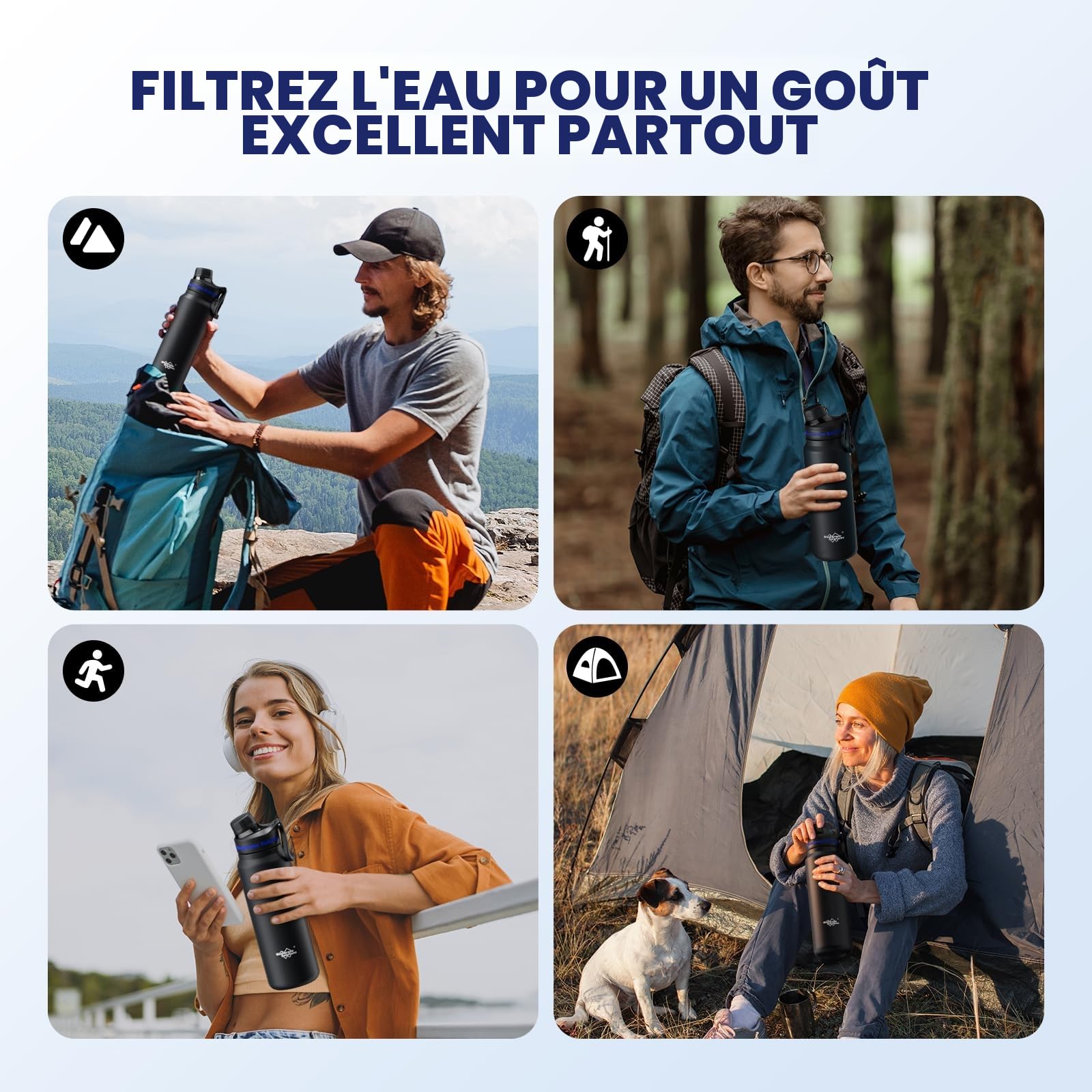 Membrane Solutions Gourde filtrante eau survie 900 ml Bouteille avec cartouche filtrante ACF UF capacité 4000 L Précision 0,1 μm Noir