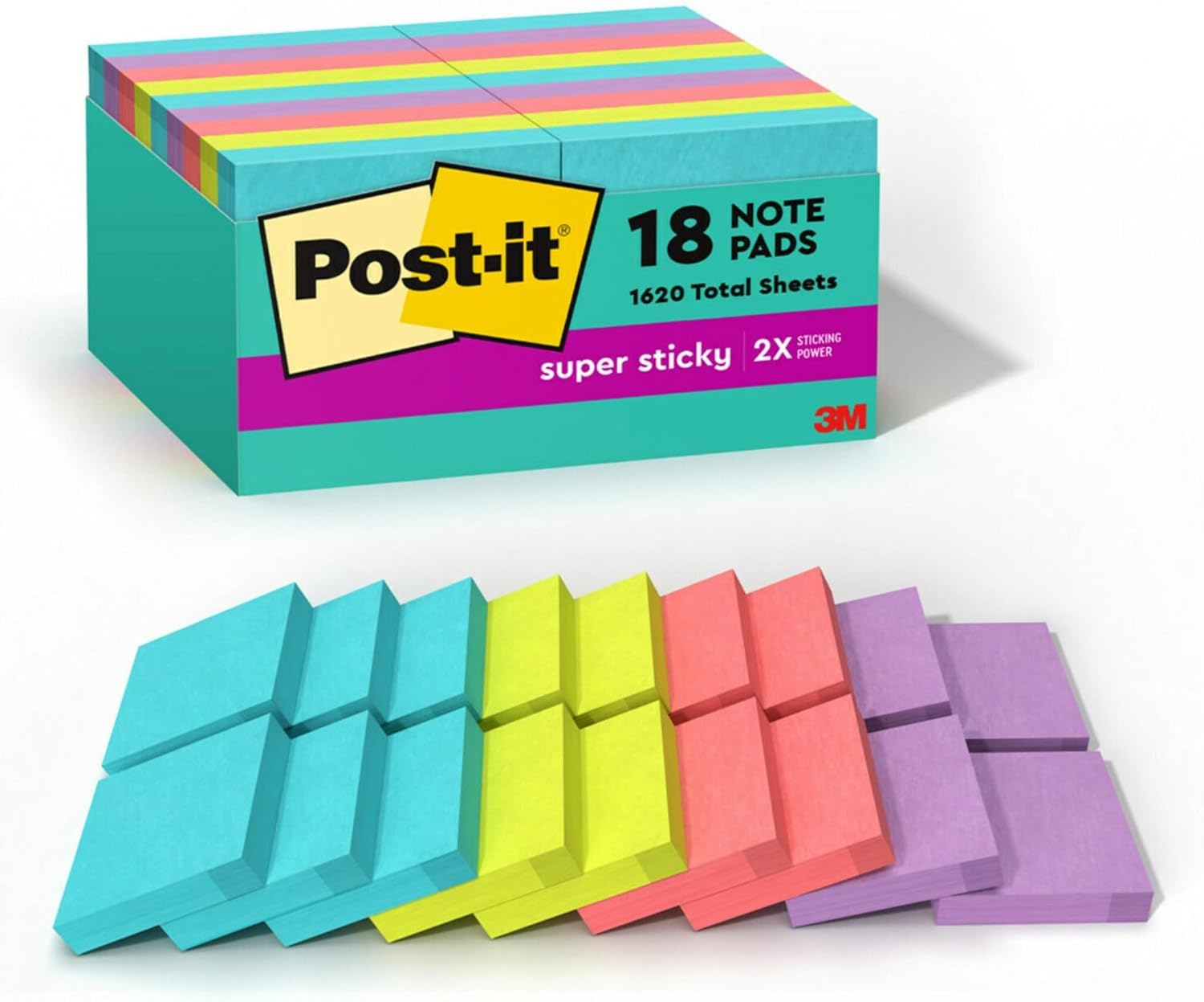 Post-it Super Sticky Notes, 1-7/8 in x 1-7/8 in, 18 Pads, 90 Sheets/Pad, 2X The Sticking Power, Supernova Neons Collecti