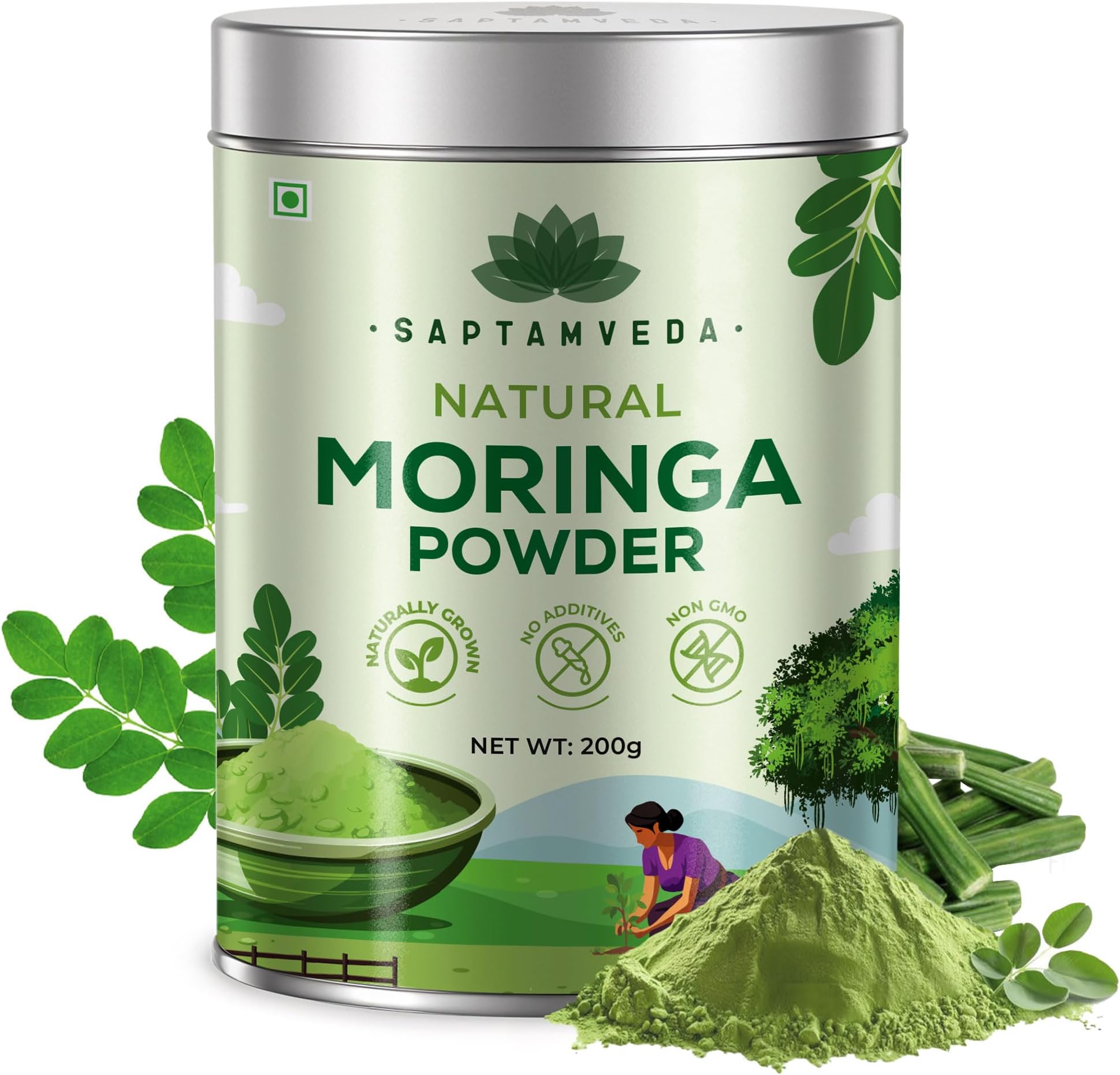 Saptamveda Organic Cultivated Elite Moringa Drumstick Powder 200g Tin | Superfood for Immunity, Skin & Hair Care | Herbal Supplement