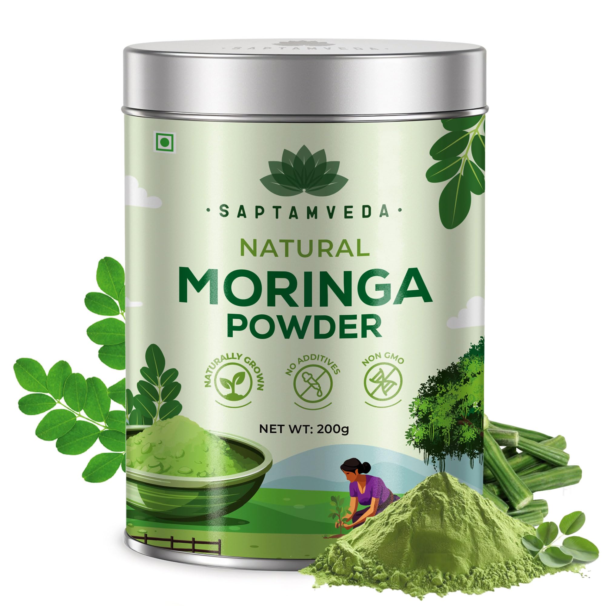 Saptamveda Organic Cultivated Elite Moringa Drumstick Powder 200g Tin | Superfood for Immunity, Skin & Hair Care | Herbal Supplement
