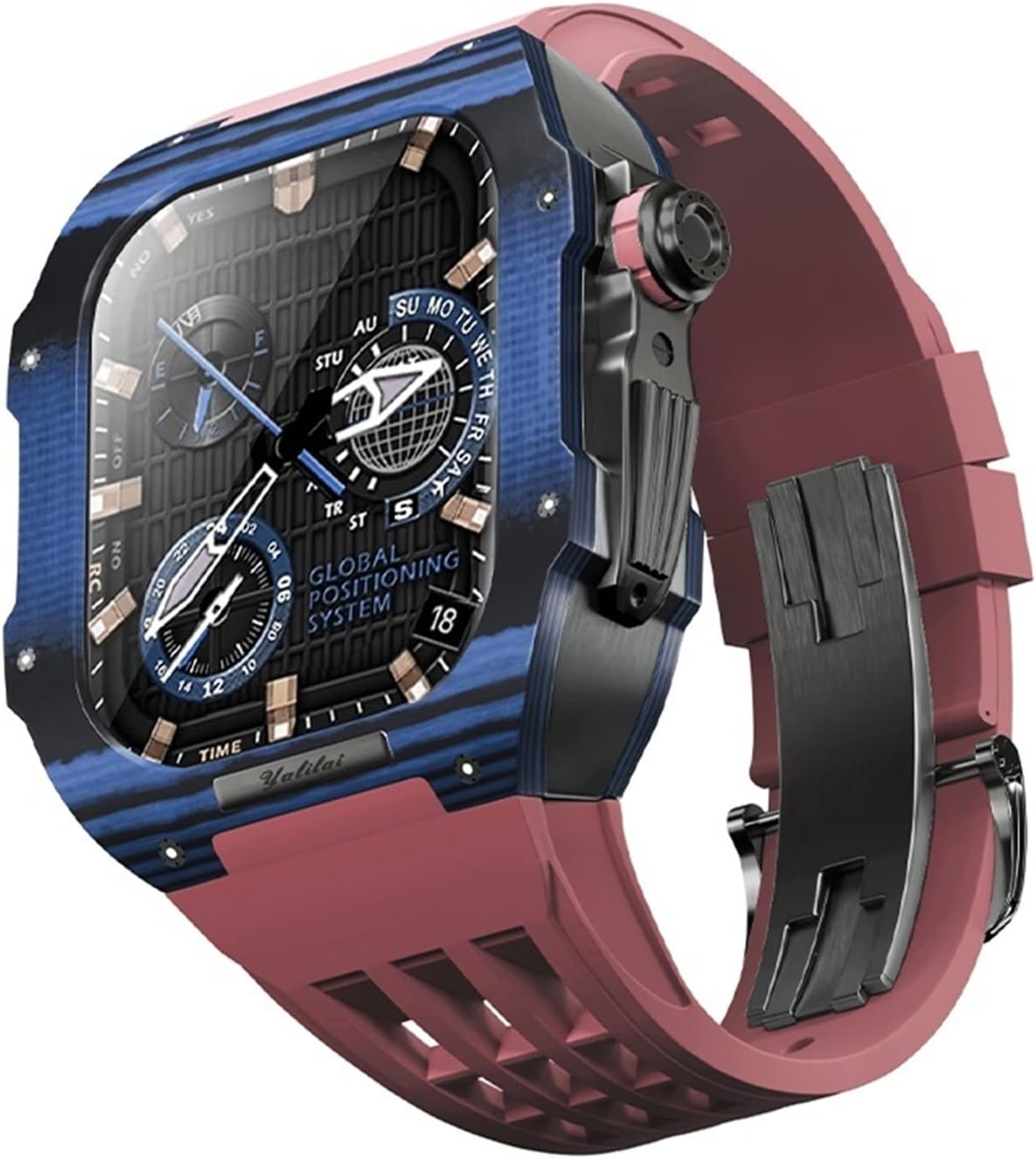 Fluorine Rubber Watch Band Carbon Fiber Case，For Apple Watch 8/7/6/SE/5/4 Series Strap Replacement，45/44mm Watch Band Replacement Strap Modification Kit