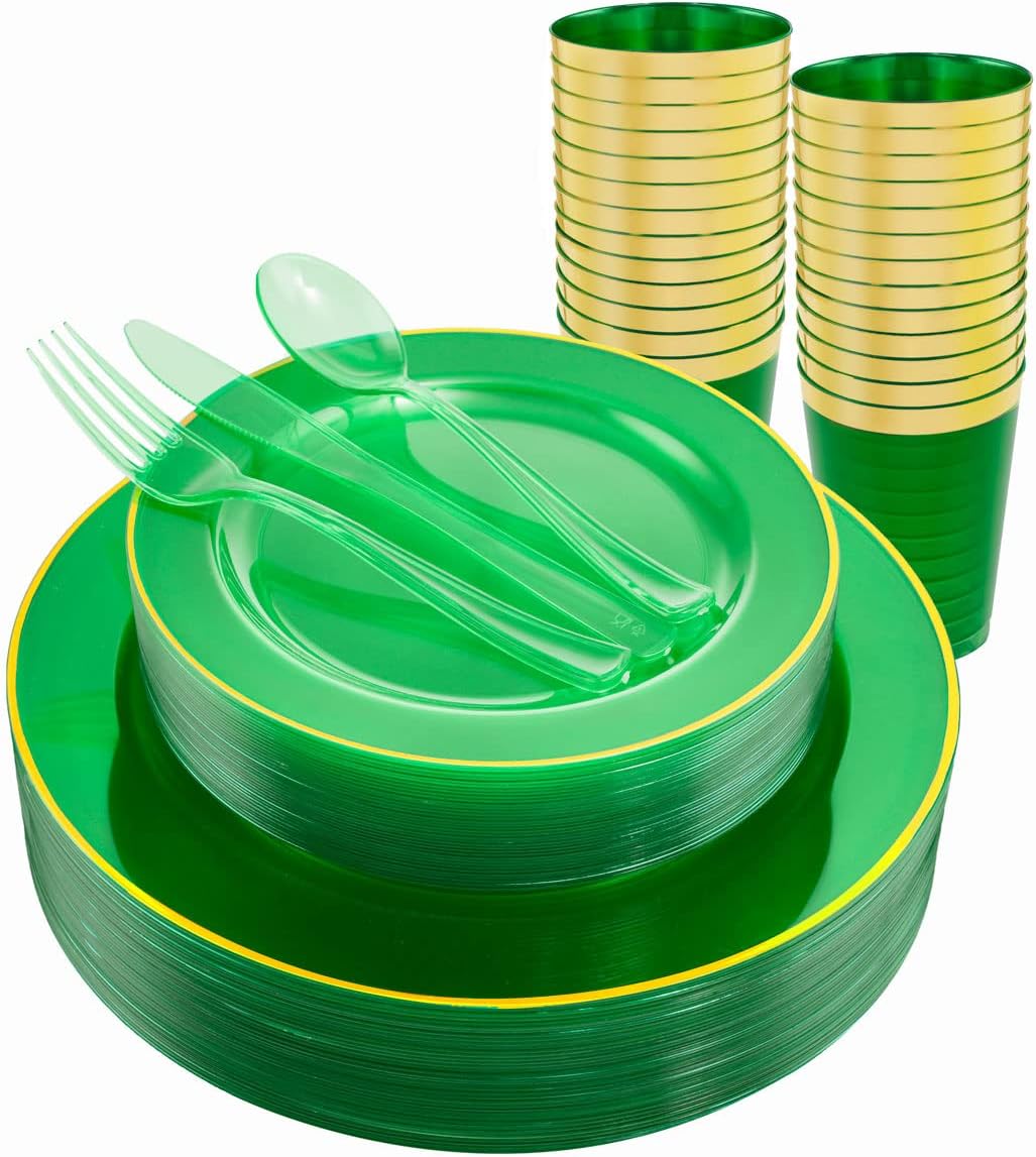 COLOSUS 175pcs Disposable Gold Plastic Plates and Silverware set Include Plastic Dinner Plate/Dessert Plate/Gold Silverware/Cup/Napkins 25pcs of each, New Year Dinnerware Set for 25guests.