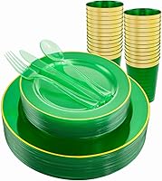 Vista 9 de COLOSUS 216 platos de plástico verde, platos verdes elegantes, los platos desechables verdes incluyen 36 platos llanos, 36 platos de postre, 108