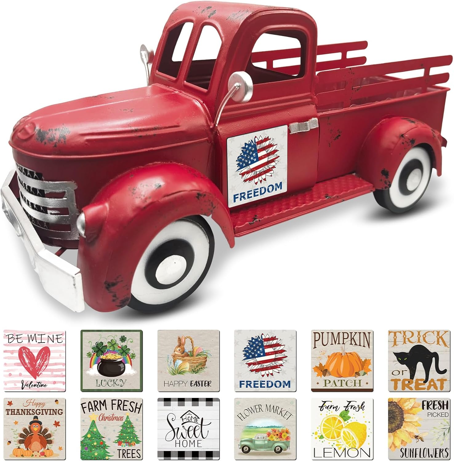 Teeloray 13.4" Vintage Red Truck Farmhouse Decor with 12 Interchangeable Magnets - Patriotic 4th of July & All-Season Rustic Metal Centerpiece