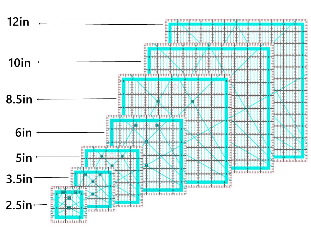 Reglas cuadradas para acolchado (6.3 cm, 8.9 cm, 12.7 cm, 15.2 cm, 21.6 cm, 25.4 cm, 30.5 cm), 7 plantillas cuadradas de acolchado para coser