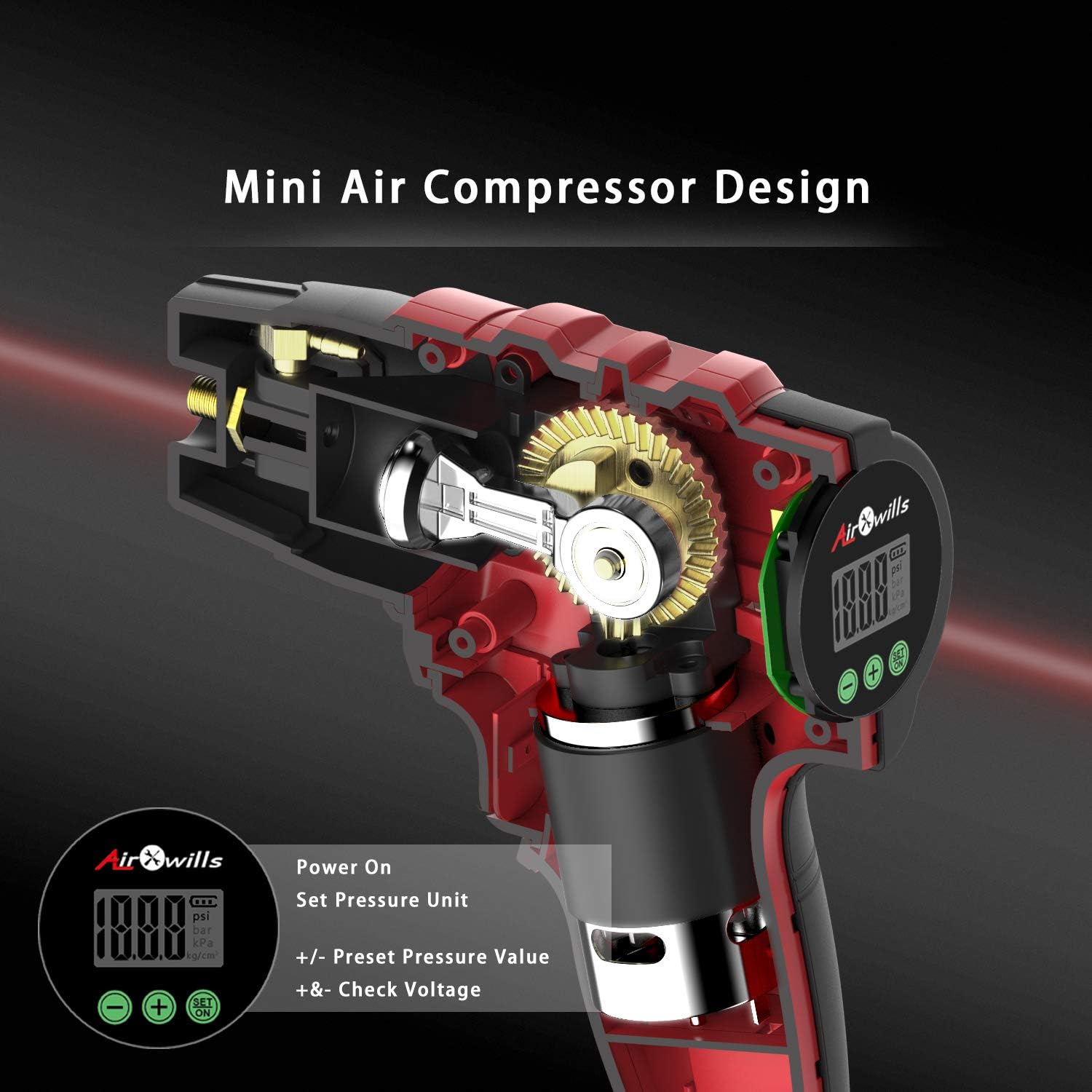 Internal view of the mini air compressor design with digital display and controls