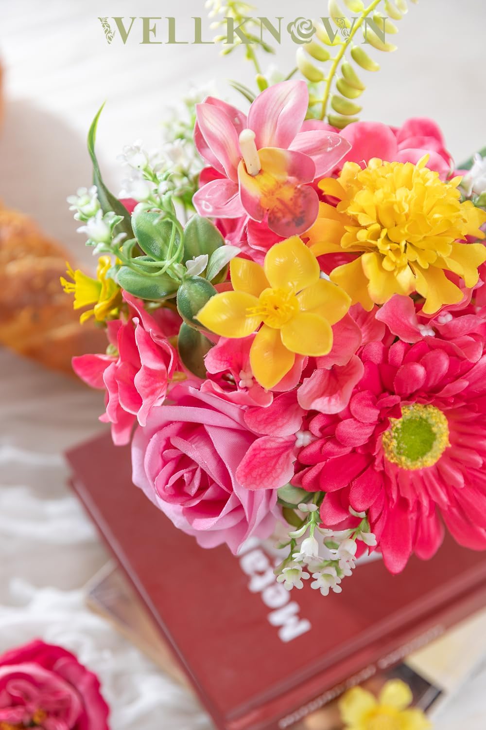 WELL KNOWN Small Fake Flowers in Plastic Vase 7" Centerpieces Coffee Table Decor, Silk Flower Arrangements for Home Decor Indoor Artificial Flower Bouquet for Dining Room Kitchen Wedding Yellow Pink